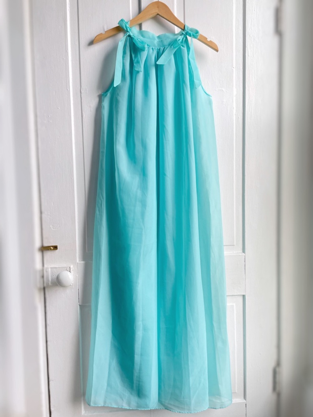 Vintage 60s Van Raalte Shoulder Tie Aqua Blue Sheer Maxi Gown, Rare